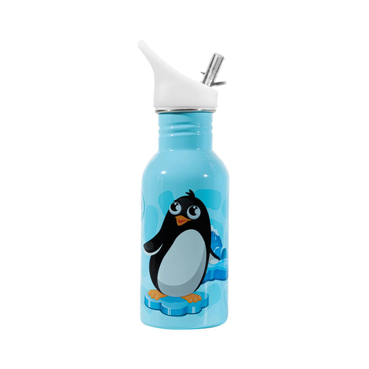 Botella infantil de acero inoxidable, azul y blanca,  Pingüino 500ml
