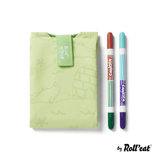 Boc'n'Roll Portabocadillos reutilizable Paint verde con estampado polar by Roll'Eat + 2 rotuladores doble punta Carioca- LLevar & LLevar
