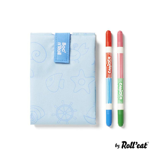 Boc'n'Roll Portabocadillos reutilizable Paint azul con estampado marino by Roll'Eat + 2 rotuladores doble punta Carioca- LLevar & LLevar
