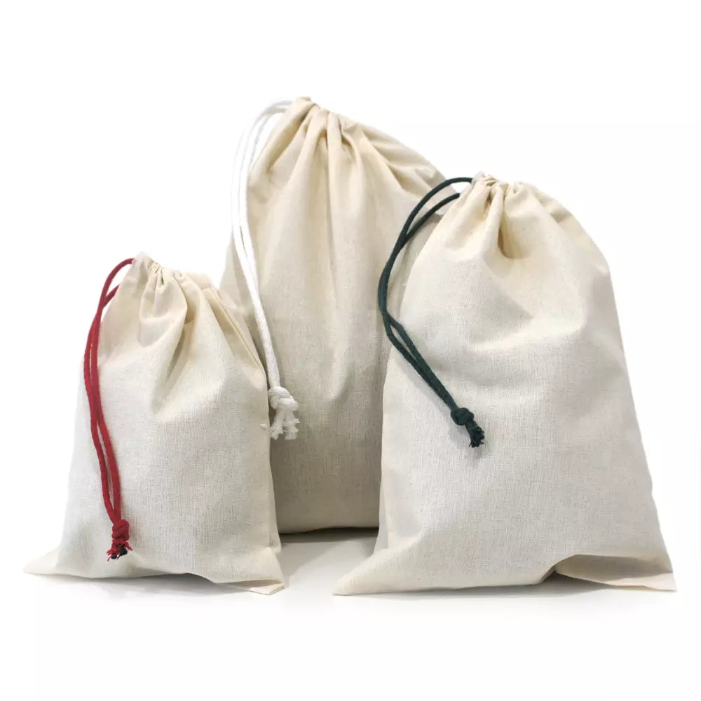 3 Bolsas de algodón 100% para compra a granel, en 3 tamaños, con cordón en blanco, verde y rojo - LLevar & LLevar