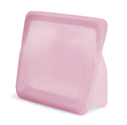 Bolsa de silicona platino mediana con base rosa vacía de Stasher - LLevar & LLevar